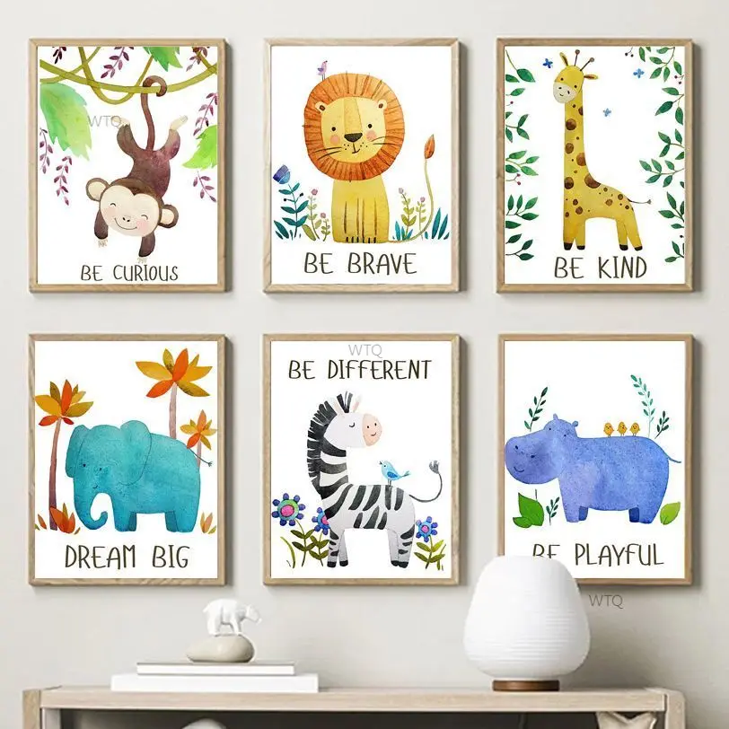 

Lion Giraffe Elephant Zebra Hippo Jungle Nursery Wall Art Print Canvas Painting Nordic Poster Home Decor Pictures Baby Kids Room