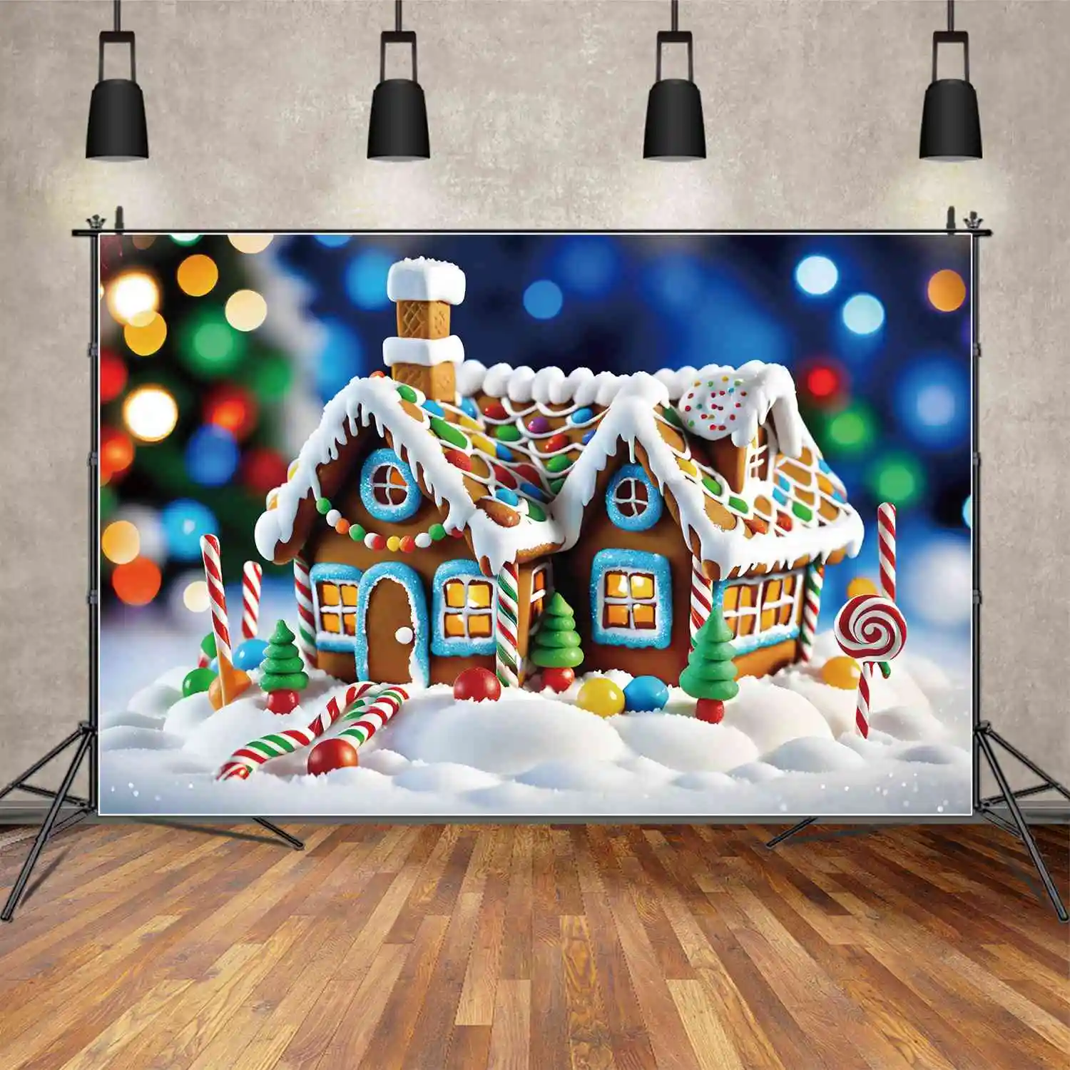 

MOON.QG Backdrop Baby Christmas Candy Home Gingerbread House Backgrounds Shiny Children Light Spot Cabin Party Photography Props