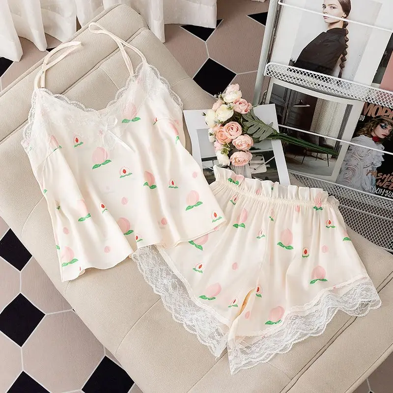 

Peach Print Pajamas Sleepwear Women Lace Korean Shorts Two-piece Set for Night Home Wear Halter Summer Pijama Sweet Loungewear