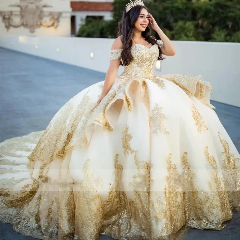

ANGELSBRIDEP Champagne Gold Princess Quinceanera Dresses Off Shoulder Sequin Applique Pearls Cinderella Sweet 16 Dress Vestidos