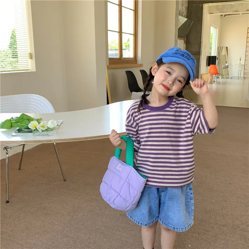 Летние фиолетовые полосатые футболки унисекс Детские хлопковые свободные