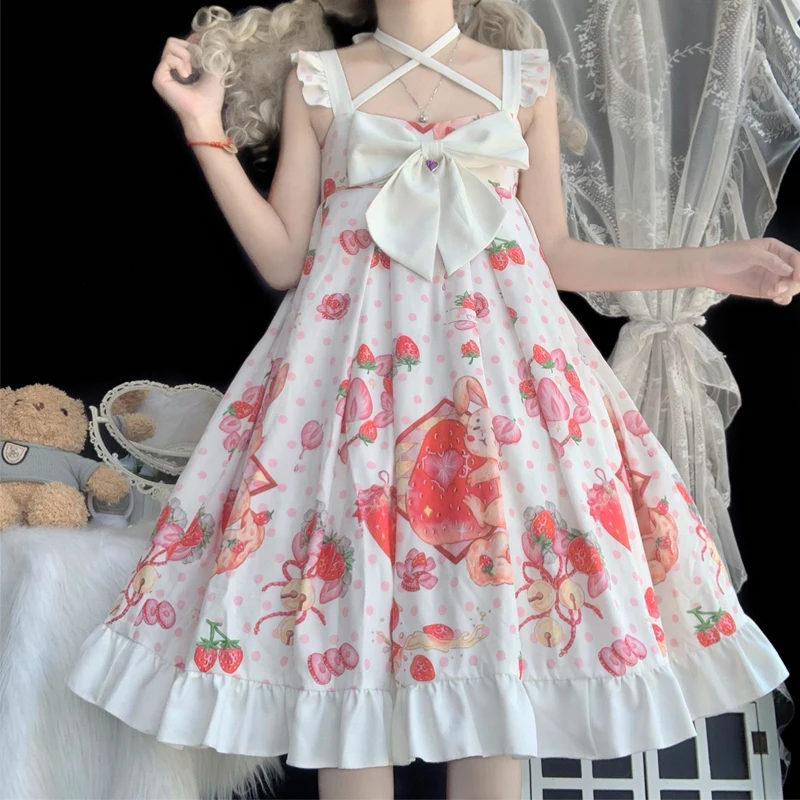 

Summer Kawaii Bunny Dress Women White Strawberry Rabbit Jsk Cosplay Princess Sweet Lolita Cute Black Suspender Strap Dresses