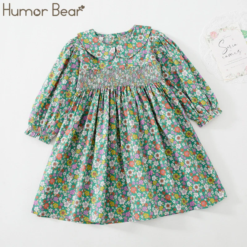 

Платье для девочек с цветочным принтом, длинным рукавом и круглым вырезом