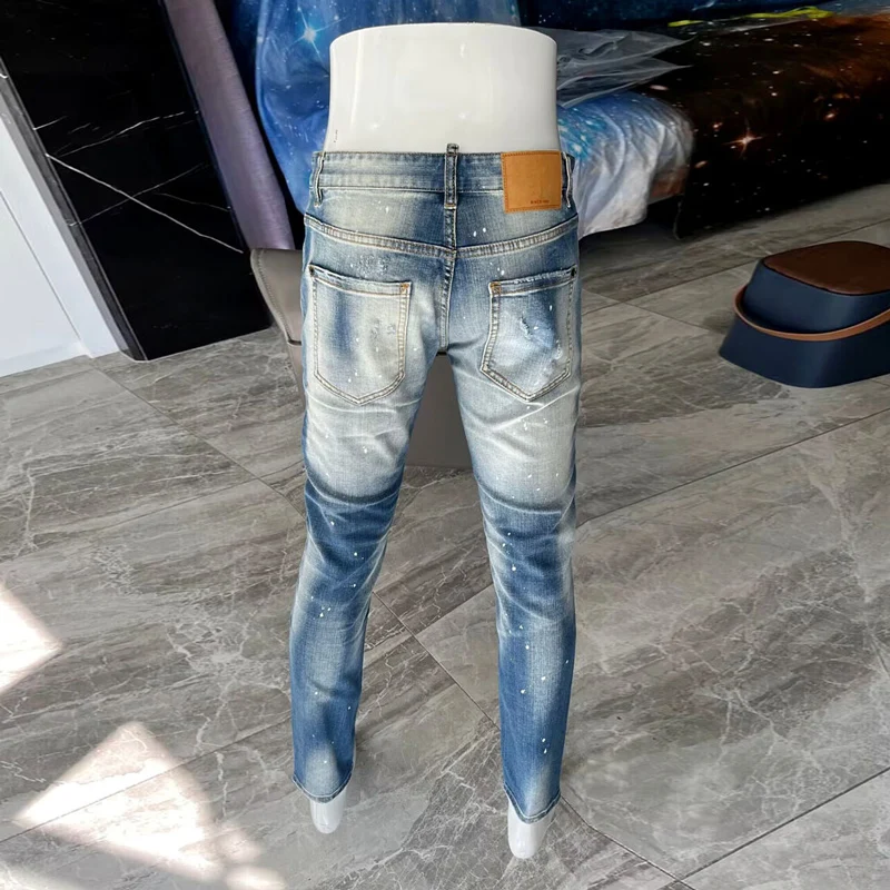 Street Fashion Men Jeans High Quality Retro Light Blue Elastic Skinny Fit Ripped Jeans Men Patched Designer Hip Hop Brand Pants
