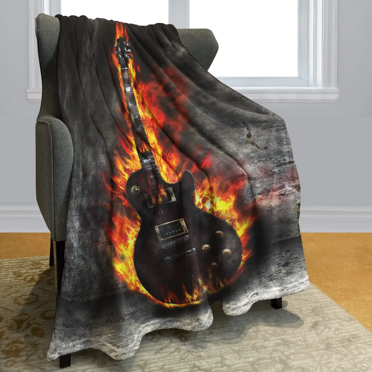 

Guitar Flame Fire Smoke Blanket Comfort Cozy Soft Warm Throw Blanket Lightweight Plush Flannel Blanket for Home Bed Sofa Gifts