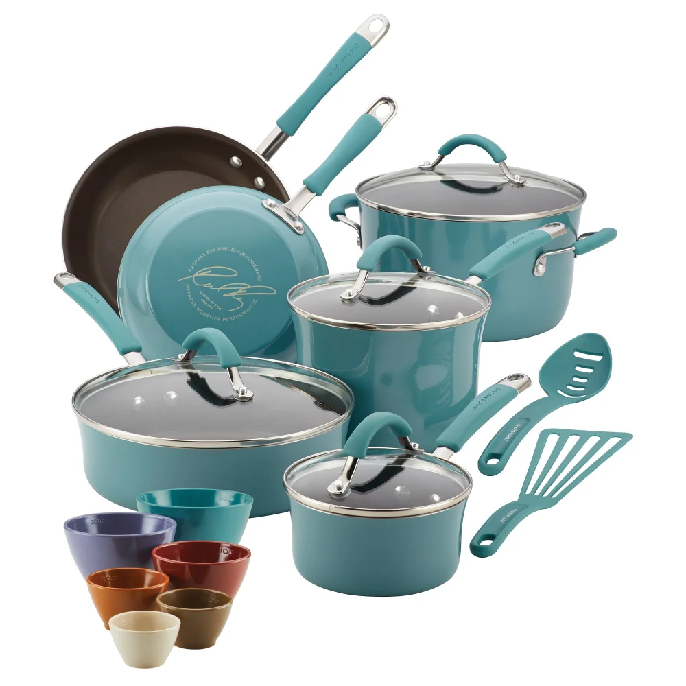 

Rachael Ray Cucina Hard Enamel Nonstick Cookware and Prep Bowl Set, 18-Piece, Blue Cookware Sets Pots and Pans