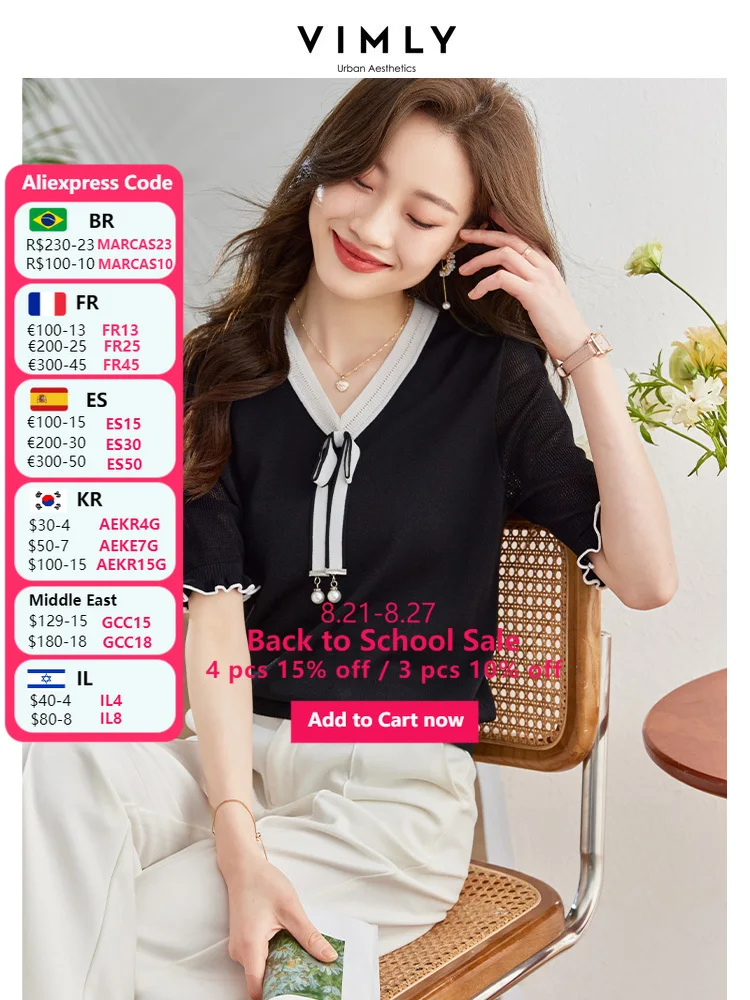 

Vimly Elegant Chic Bow V Neck Black Sweaters for Women 2023 Summer Straight Pullovers Short Sleeve Knit Women's Jumper Knitwear