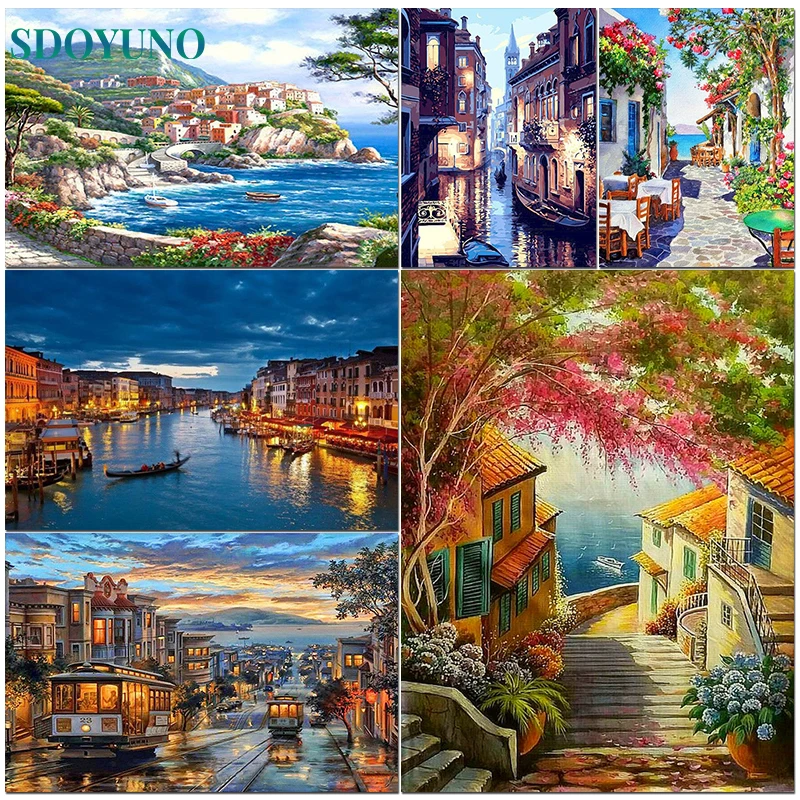 

SDOYUNO DIY Painting By Number Urban Landscape On Canvas HandPainted Unframe Diy Craft Paint By Number For Adults Picture Decor