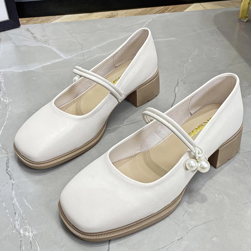 

Новые осенние лоферы, искусственная жемчужина, Мэри Джейн, Женская рабочая обувь, женские туфли на среднем каблуке