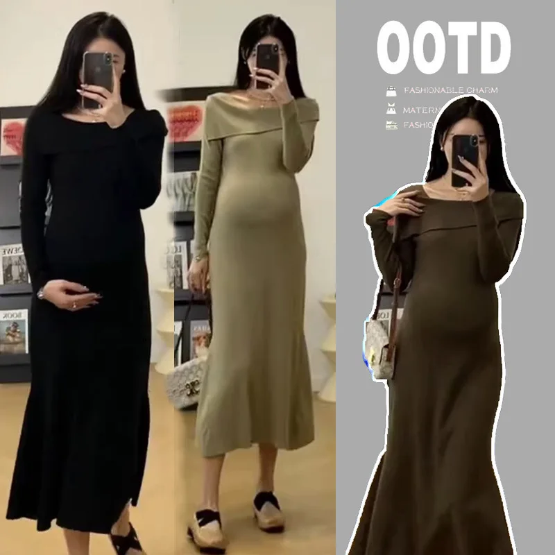 

Трикотажное однотонное платье для беременных осенняя одежда для беременных женщин эластичное платье без Плеч новые мягкие платья-свитеры для беременных