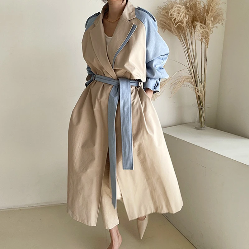 Vintage Contrast Color Splicing Women Long Trench Coat With Sashes Spring Autumn Casual Long Sleeve Female Windproof Overcoat