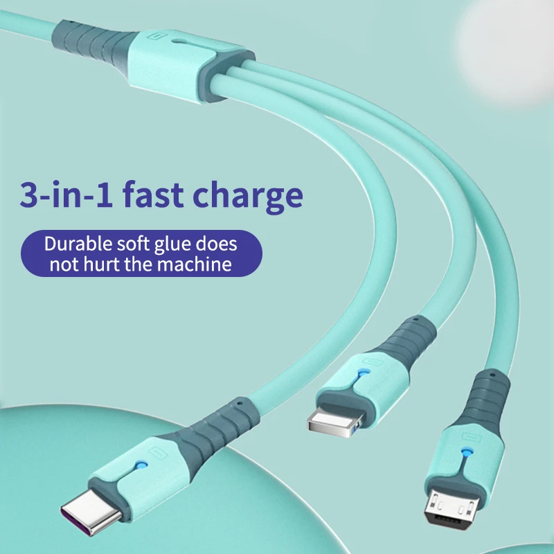 

USB Cable For iPhone Samsung Xiaomi Huawei 3 in 1 5A Fast Data Charging Charger USB Type c Micro Wire Cord Liquid Silicone Cable