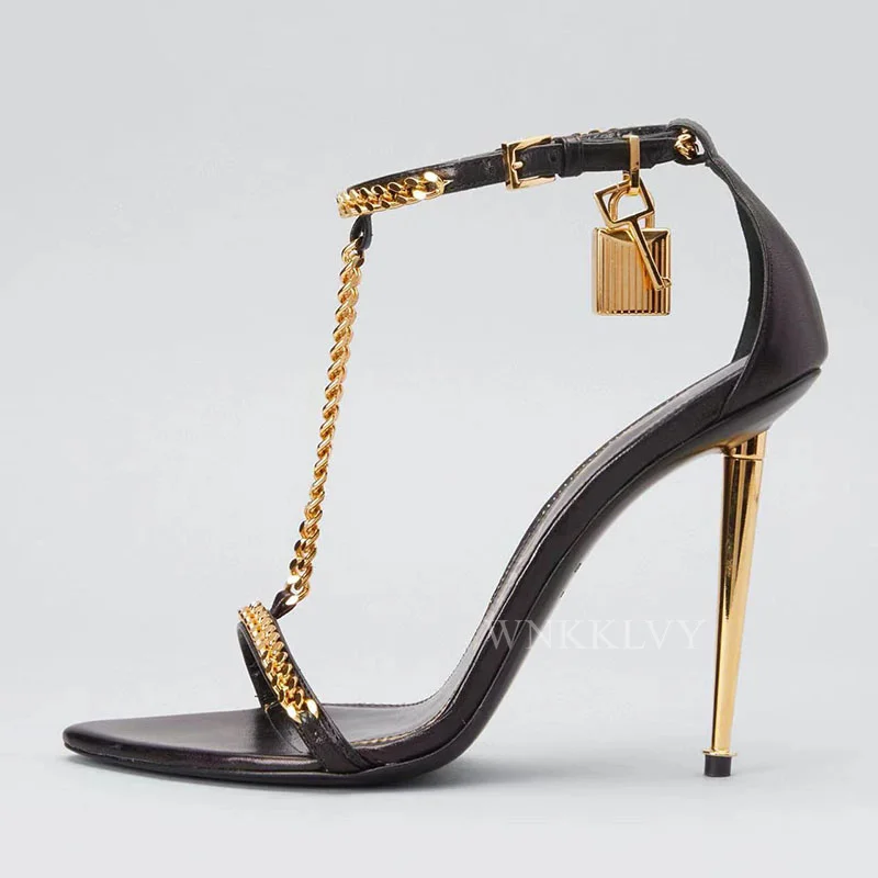 

Gold Chain Thin High Heel Sandals Women Real Leather Narrow Band Metal Lock Decor Ankle Strap Sandalias Summer Sexy Party Shoes
