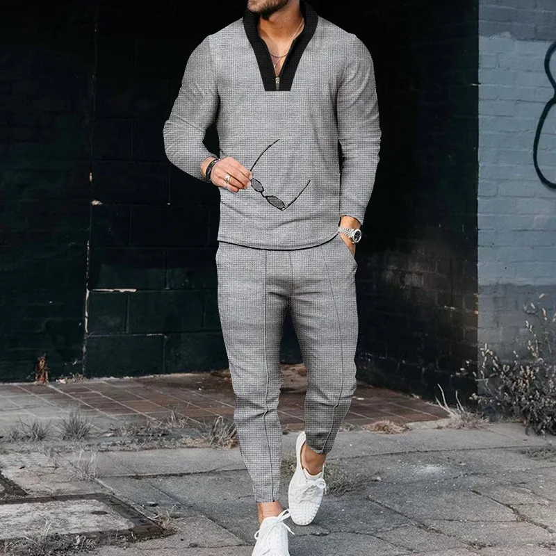 Custom 2-Piece Men's Waffle Suit Long Sleeve Stitching Stand Collar Sports Fashion Casual Half Zipper Set