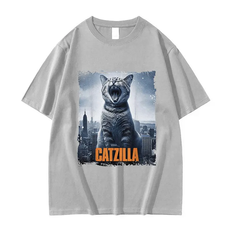 Funny Cat Catzilla Graphic Tee Shirt Men Women Retro Harajuku Fashion Short Sleeve T-shirt Casual 100% Cotton Oversized T Shirts