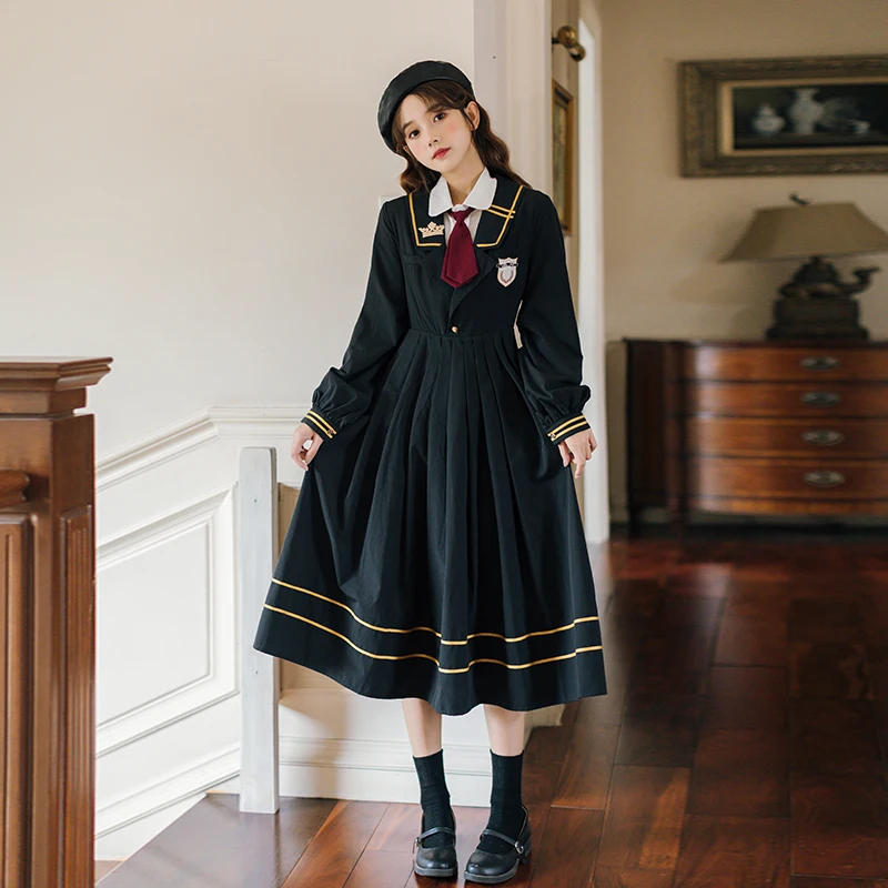 

Vintage Sweet Autumn Women Pleated Dress JK Student Uniform Preppy Style Retro Embroidery Female Dresses 2022 HOT High Waist