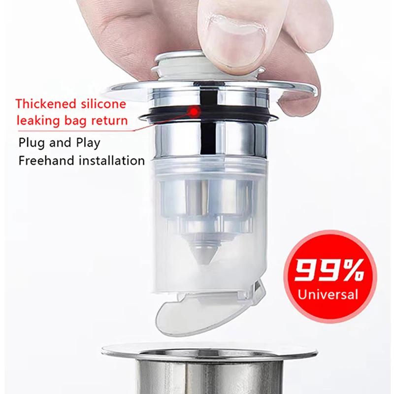 

Triple Blockade Pop Up Sink Stopper Universal Stainless Steel Pop-Up Bounce Core Filter Hair Catcher Deodorant