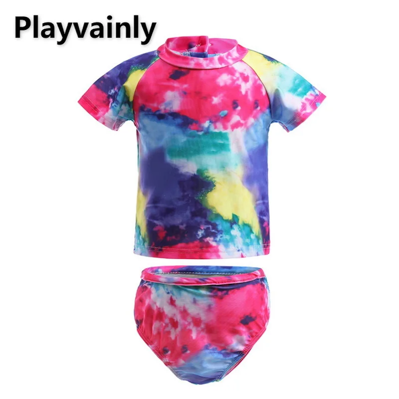 

2022 New Summer Baby Girl Swimwear Two Pieces Short Sleeves Print Sunscreen Conservative Swiming Top+Shorts Bathing Suit E1020