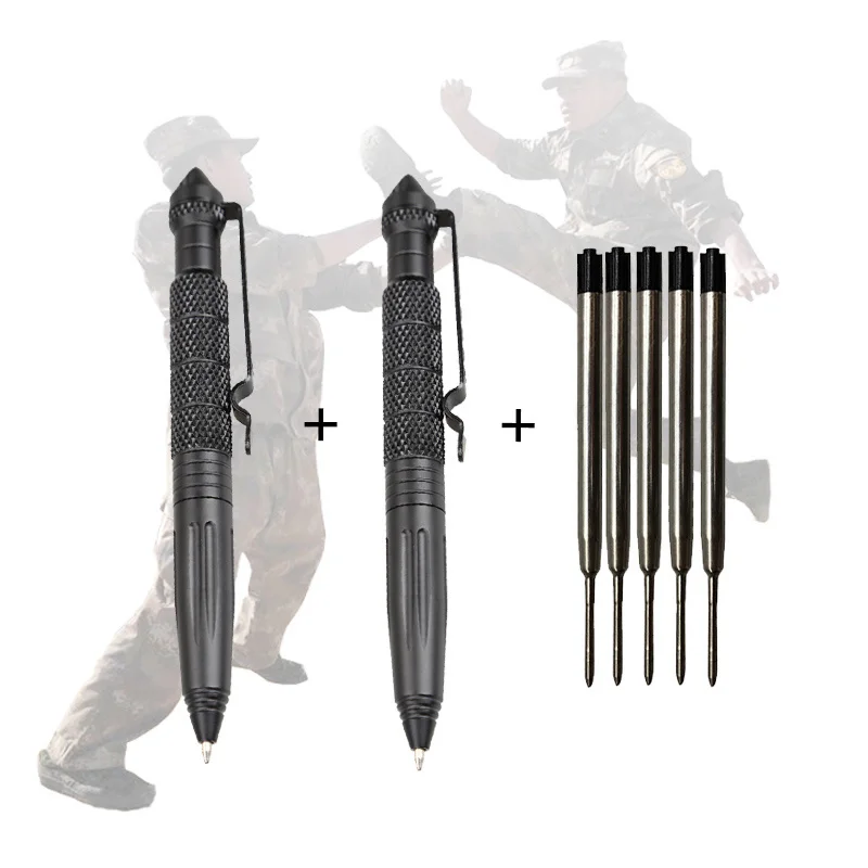 

2 PCS Defence Tactical Pen Aviation Aluminum Anti-skid Military Tactical Pen 5 pcs With Refill Glass Breaker Pens Selfe Defence