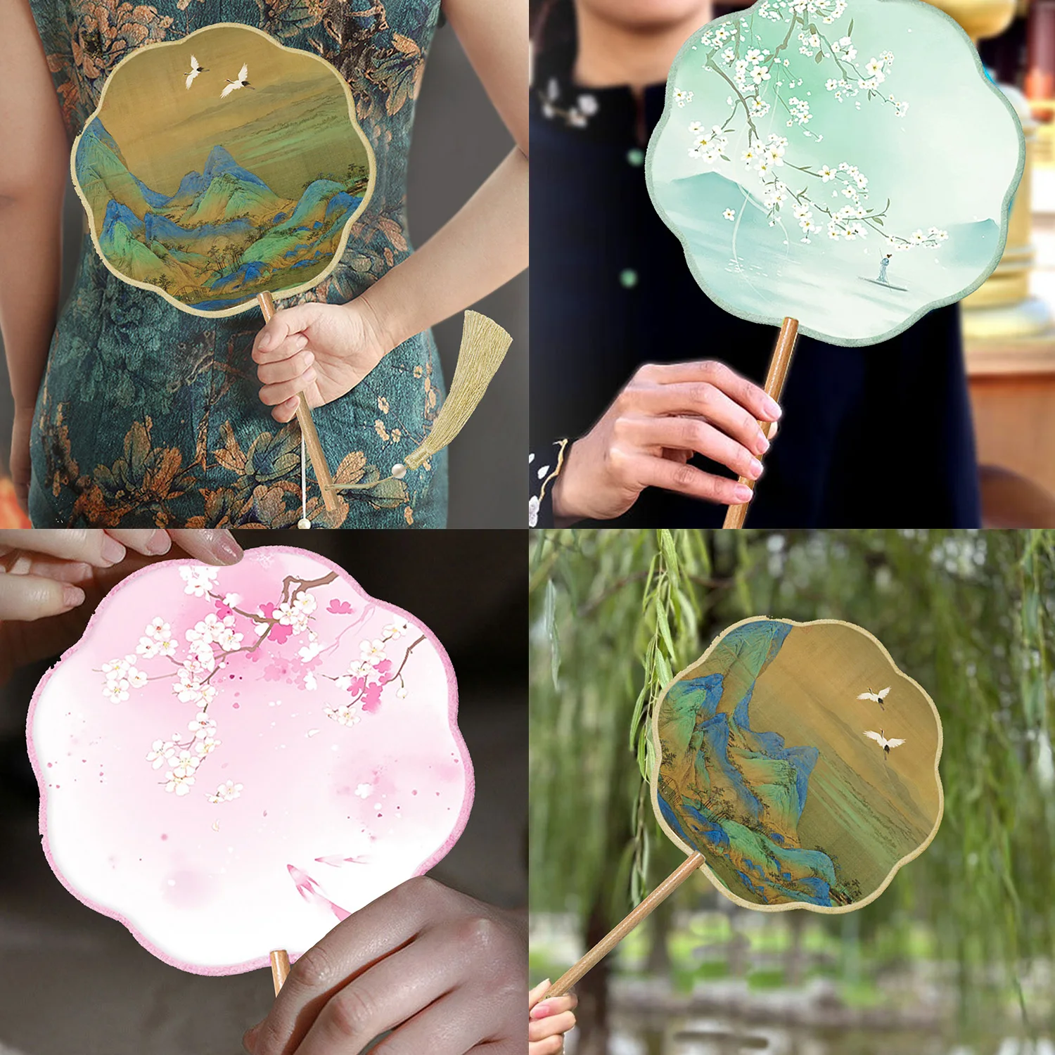 Круглый веер в китайском стиле с восьмилепестковой вышивкой и деревянной ручкой