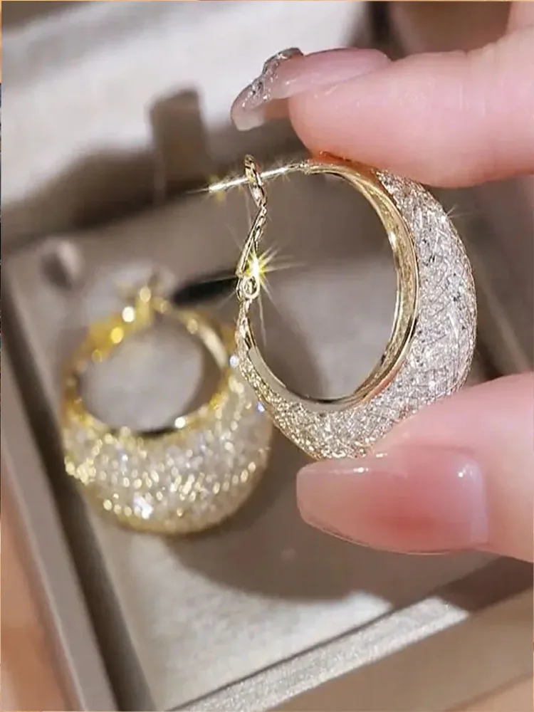 

Korean Gold Color Metal Mesh Crystal Hoop Earrings Women Fashion Jewelry 2023 New Luxury Geometric Grid Big Circle Earings Femme