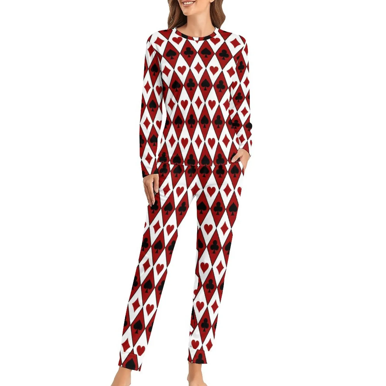 

Funny Poker Print Pajamas Argyle Card Suits Long Sleeve Elegant Pajama Set 2 Pieces Home Oversized Sleepwear Graphic Home Suit