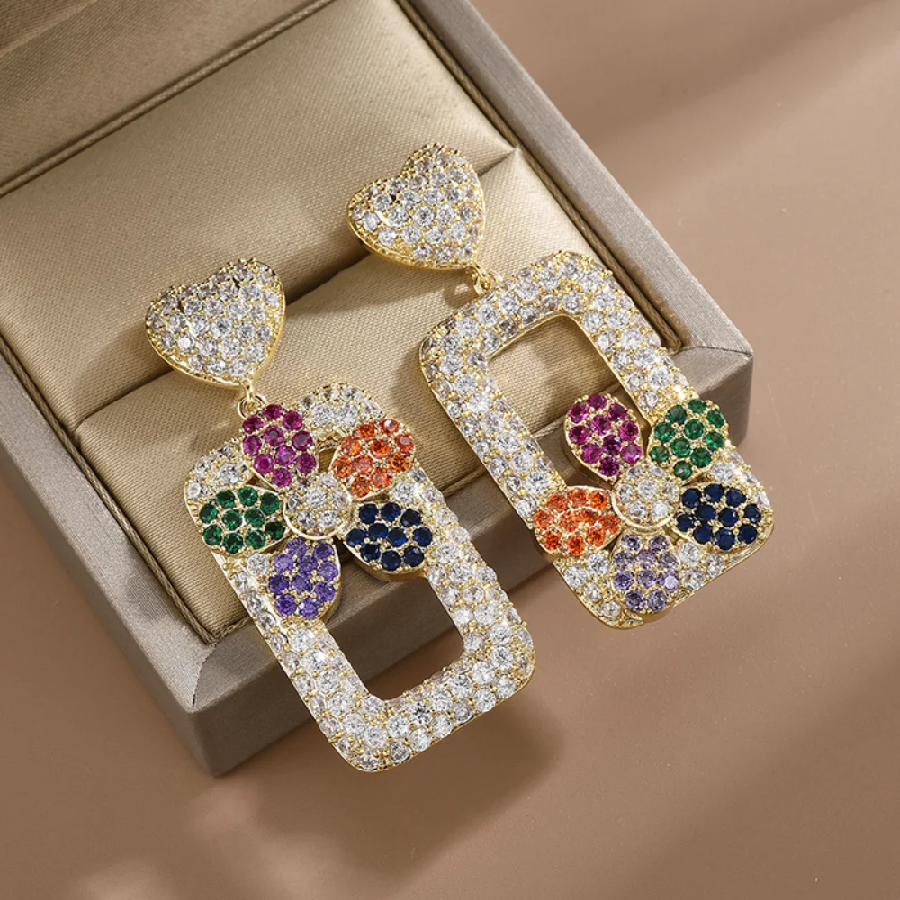 

Rectangular Colorful Flower Heat Shape Earrings Luxury Cute Chic Women Party Ball Jewelry Crystal Rhinestone Fashion Ear Pendant
