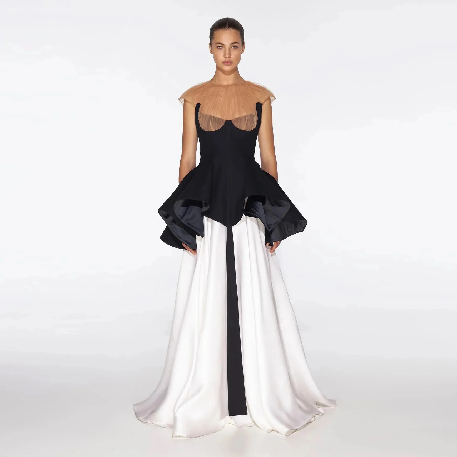 

Unique Black and White Formal Party Dresses 2 Colors Sheer Neck Pleated Peplum Prom Maxi Dress فساتين طويلة vestidos para mujer