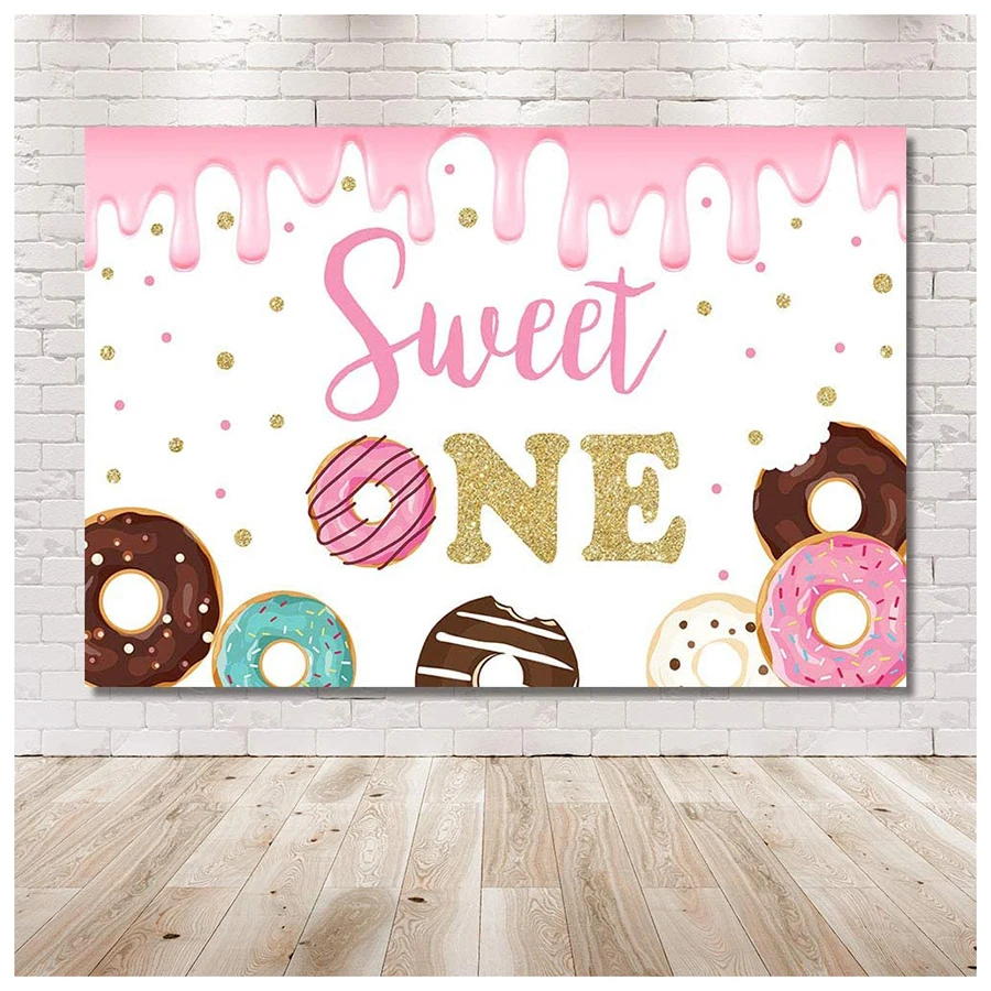 

Donut Sweet One Birthday Party Background Girl Princess Happy 1st Birthday Donut Grow Up Table Banner Photography Backdrops