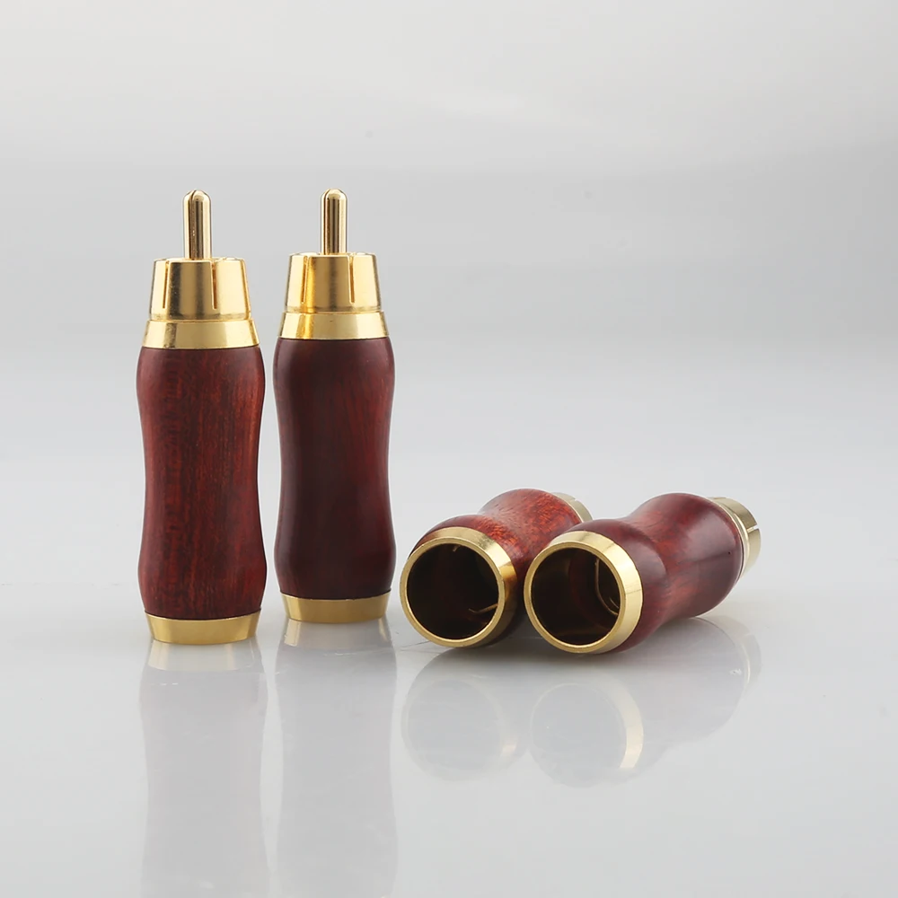 New 4pcs 3u Gold Plated Red Sandalwood RCA Plug Rosewood Red Sandalwood Audio Plug hi end Gold RCA Connector