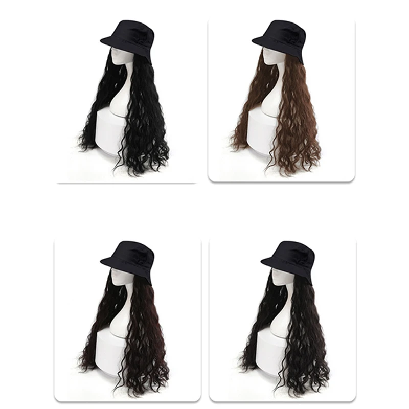

Парик для шляпы, летняя уличная шляпа, парик, волнистые волосы с шляпой, парик для наращивания волос, длинный синтетический парик с шляпой, черная шляпа, лапша в рулоне