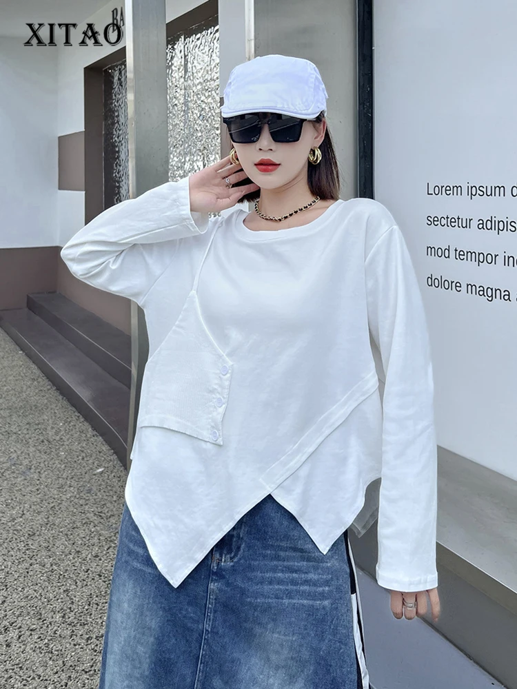 

XITAO Асимметричная Лоскутная Футболка повседневный Свободный Топ с длинным рукавом 2023 Осенняя Новинка простая однотонная женская футболка DMJ2364