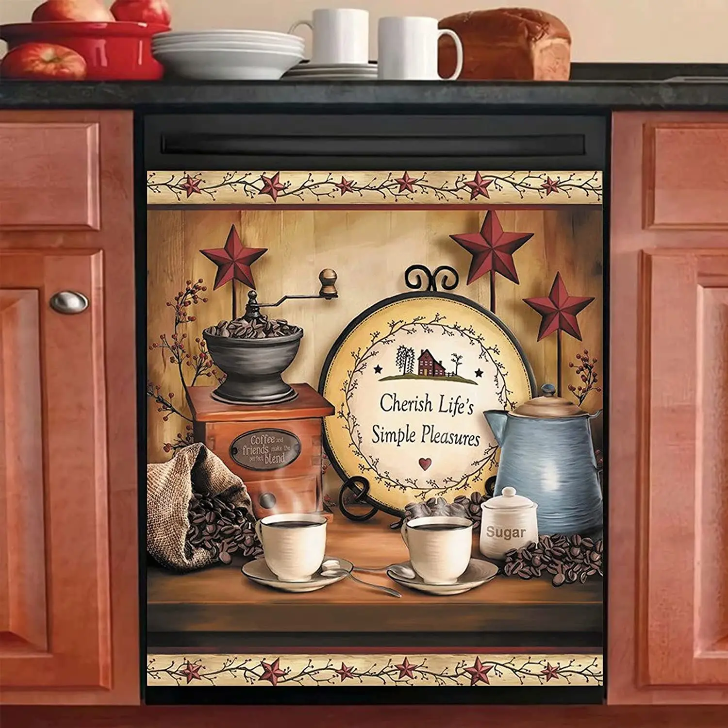 

Vintage Cafe Decor Dishwasher Cover Panel, Prin Barn Fridge Sticker with Magnet, Patriotic Wreath Refrigerator Magnets