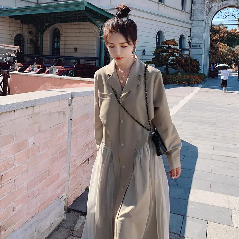 Hepburn Style Suit Collar Dress Spring Autumn 2023 Women's Temperament Design Patchwork Shirt Dress Fashion Windbreaker T2037