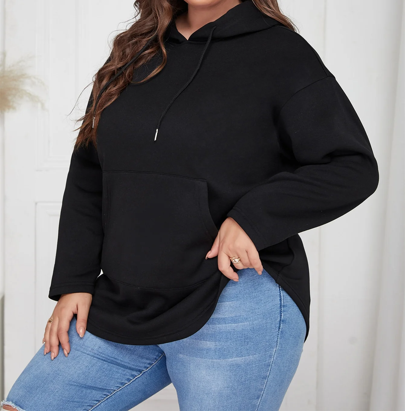 

Plus Size Drop Shoulder Kangaroo Pocket Drawstring Thermal Hoodie Woman's Sweatshirts Solid Colors Female Hooded Pullovers