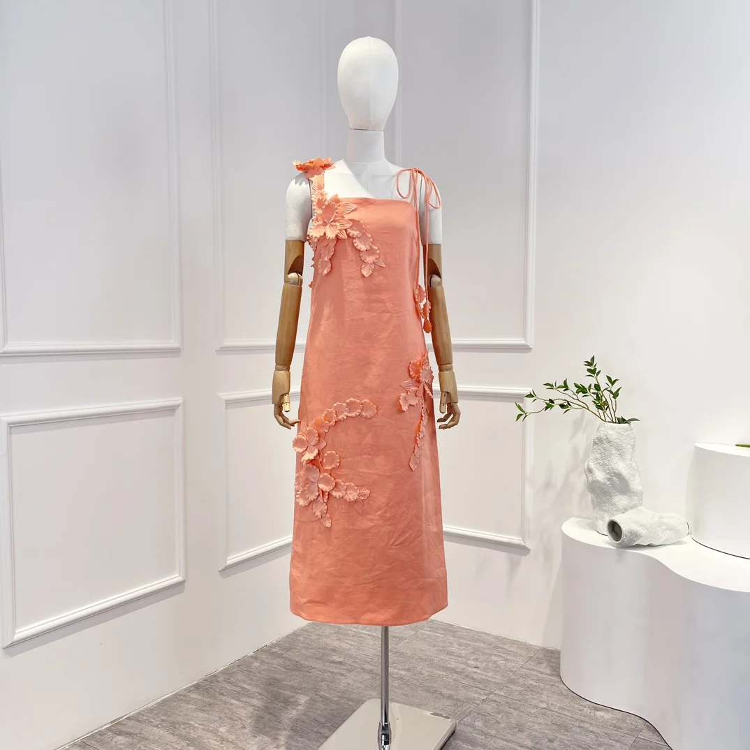 

2022 2023 Spring Summer Top Quality Linen Orange Pink Appliques Midi Dresses Women