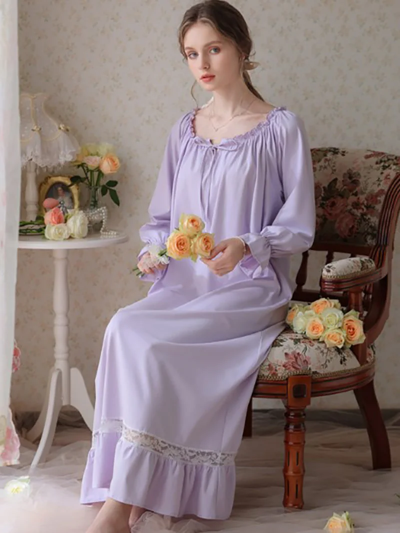 Women Spring Vintage Cotton Loose Night Dress Ruffle Lace Long Sleeve Sleepwear Princess Nightgowns Fairy Nighty for Ladies