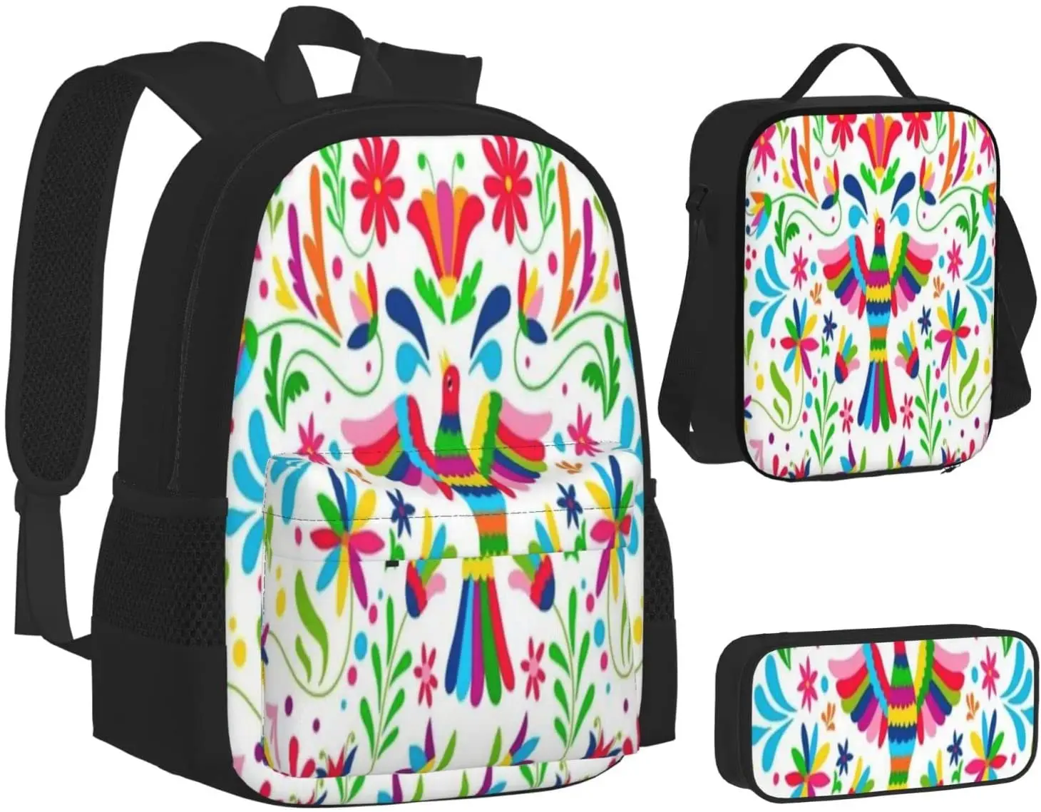 Kid School Backpack Mexican Art Painting Schoolbag Travel Bag Casual Daypack Lunch Bag Pencil Case for Boy Teens Girls 3pcs Sets