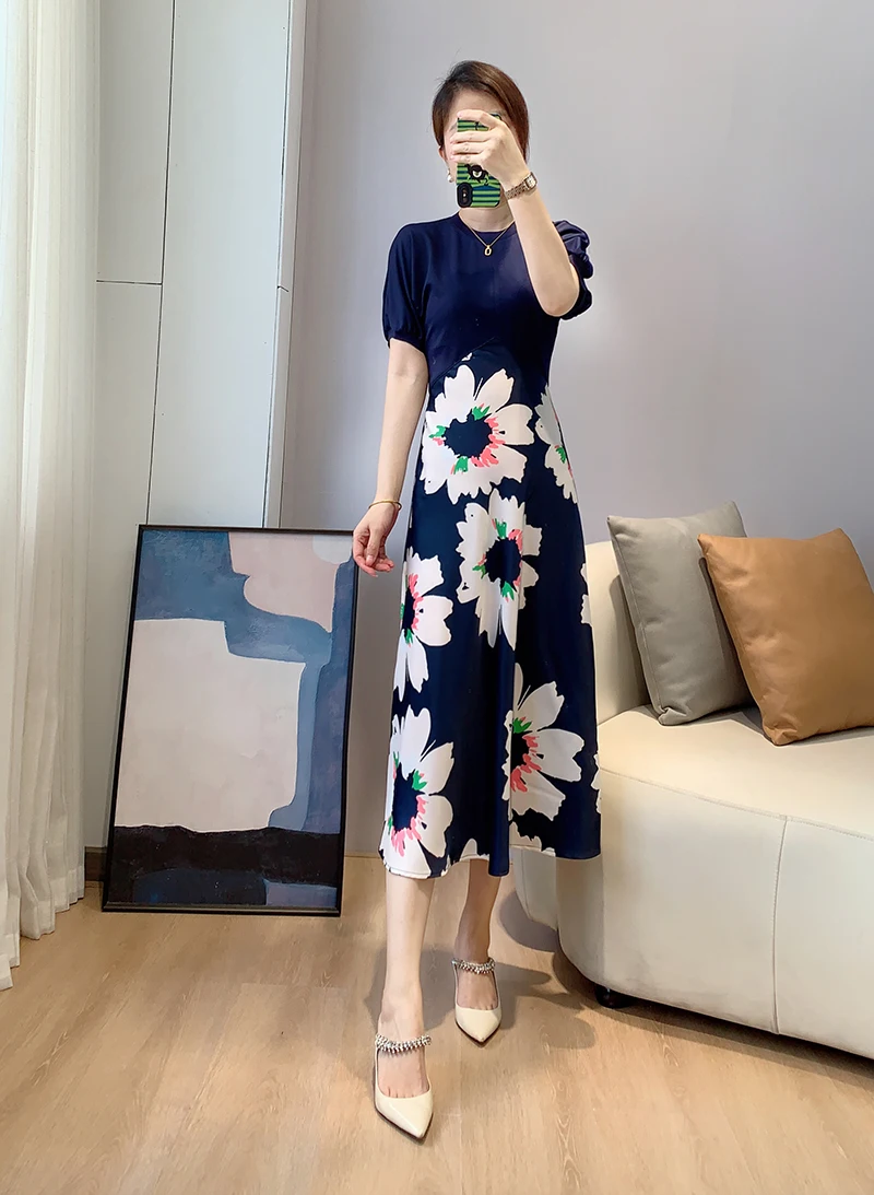 Short Sleeves Floral Printed Jointed Midi Dress Size 0-5