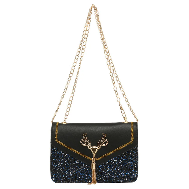 

New Women Crossbody Handbags Sparkling Diamond Bags Designer Luxury Metal Chain Buckle Deer Head Shape Tassel Inner Compartment