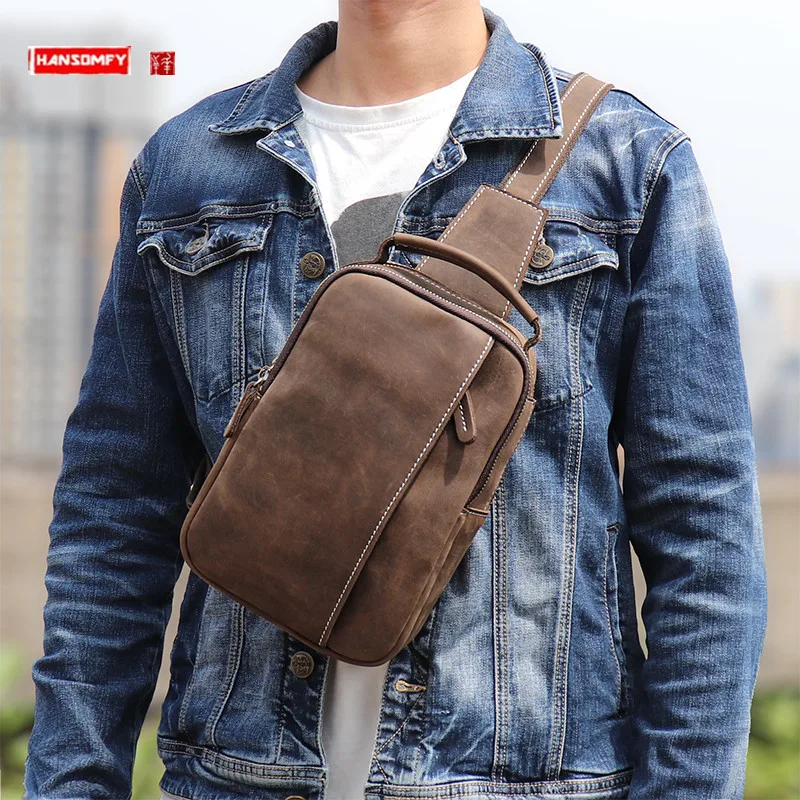 New Crazy Horse Leather Retro Men's Bag Trend Brand Chest Bag Genuine Leather Pack Casual Outdoor Sports Shoudler Messenger Bags