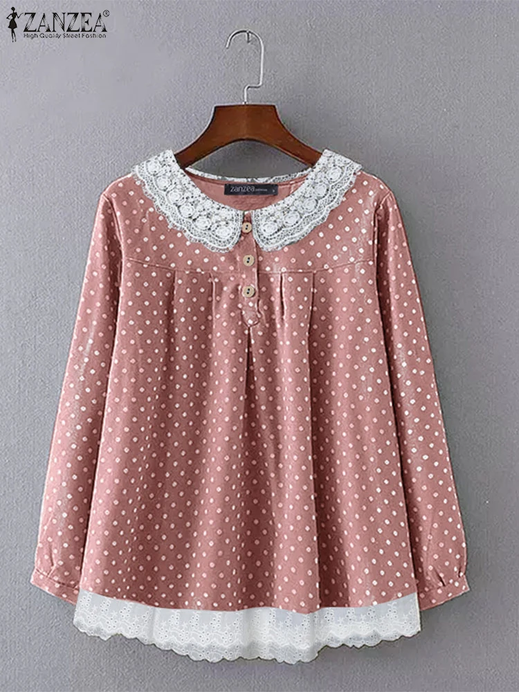Женская блузка в горошек с длинным рукавом осенняя кружевная лоскутная рубашка