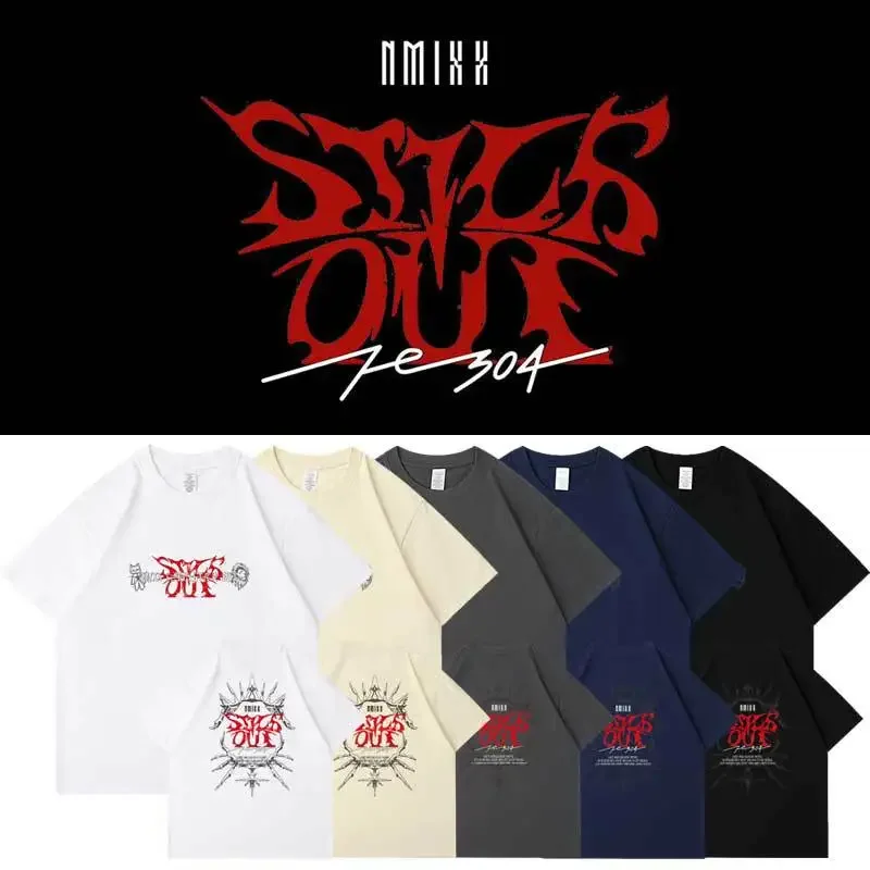 Фото KPOP NMIXX Fe3O4: STICK OUT Album Негабаритная футболка Корейская мода 100% хлопок с круглым вырезом и короткими рукавами Забавная футболка Футболки с графическим рисунком №1