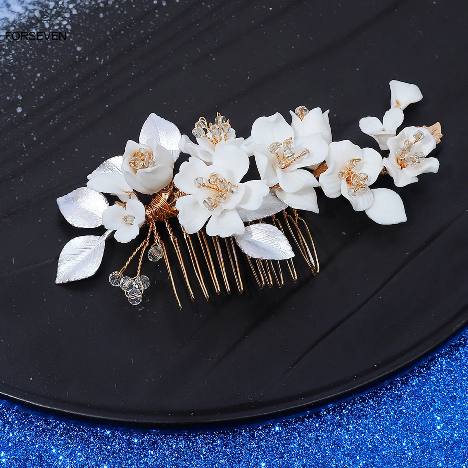 

Super Fairy White Ceramic Flower Hair Combs for Bride Wedding Beaded Headpiece Women Girls Party Hair Jewelry Accessories