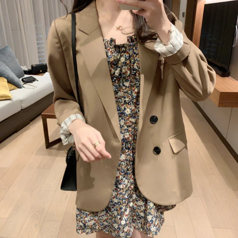Women Korean Khaki Office Blazer Solid Colors Single Breasted Commute Suit 2023 Spring Autumn New Fashion Indie Aesthetic Blazer
