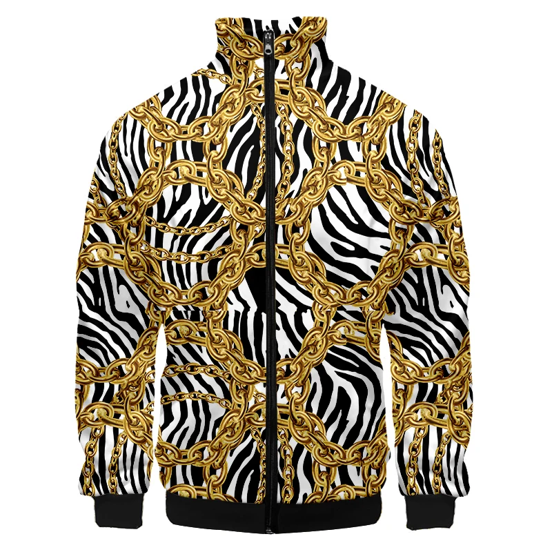 

Luxury Style Zebra Gold Chain Varsity Bomber Baroque 3D Print Jacket Man Sleeve Coats Jaded Casual London Baseball Jackets Women