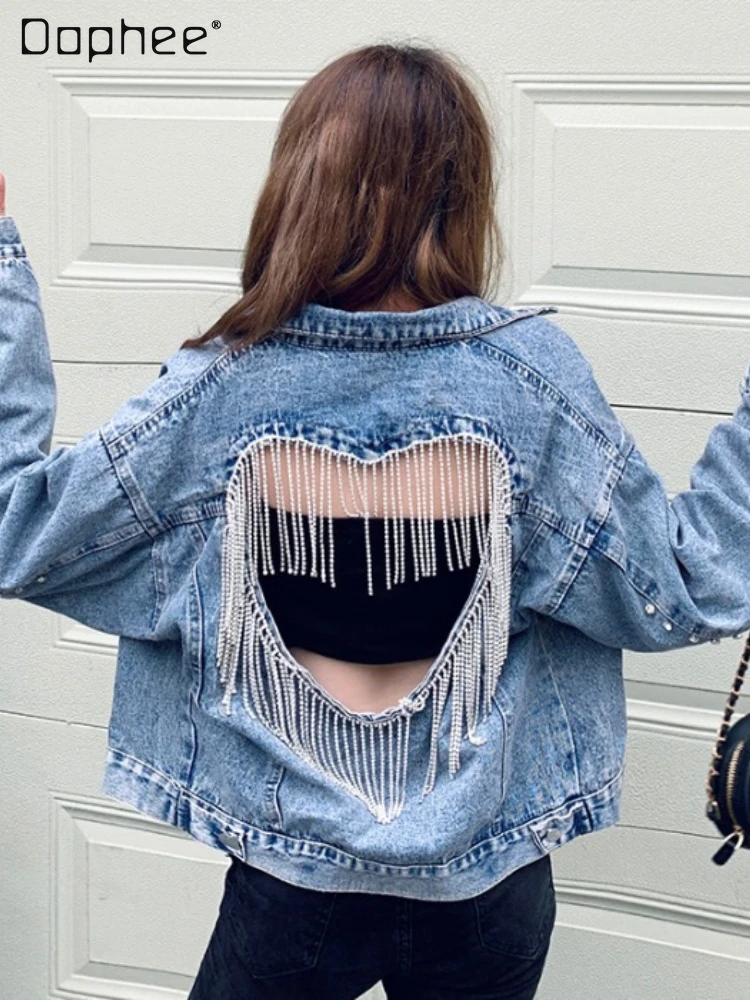 

2022 Autumn New Ladies Diamond Tassel Chain Hollow Love Denim Coats Loose Long Sleeve Lapel Jean Jackets Women's Fall Clothing