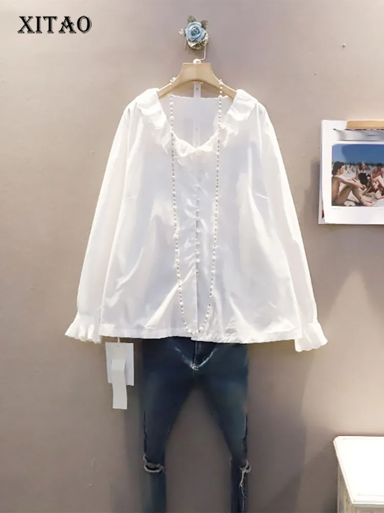 

XITAO Solid Color Casual Shirt Lace V-neck Bead Button Simplicity Fashion Loose Temperament Women Top 2022 New Trendy WMD4630