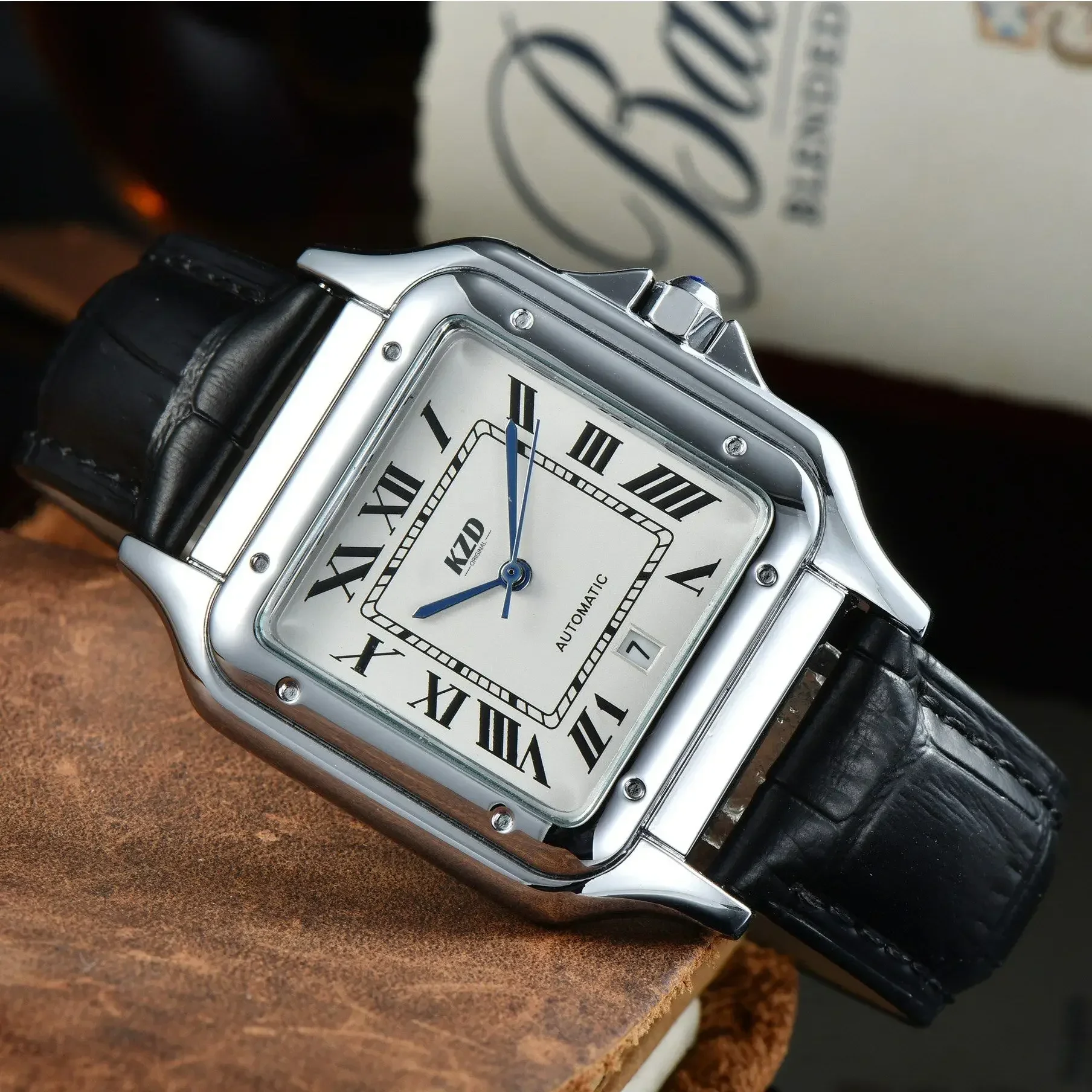 

Fantastic Original Brand C Watches for Men Blue Hands Luxury Square Case Leather Strap Automatic Date Waterproof Hot AAA Clocks