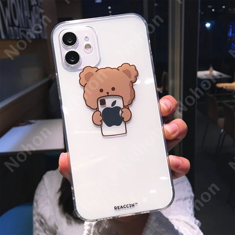 

Cute Cartoon Animal Bear Clear Phone Case For iPhone 13 Pro Max 12 Mini 11 X XS XR 7 8 Plus Funny Couple Creativity Soft casing